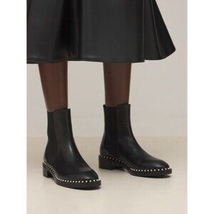 Pre-owned Stuart Weitzman Cline Pearly Studded Leather Chelsea Booties Black EU4